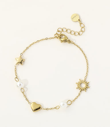 Celestial Pearl Charm Bracelet – Sun, Star & Heart ☀️✨
