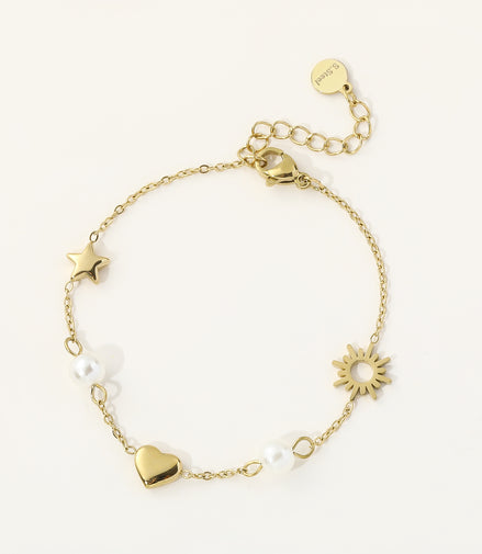 Celestial Pearl Charm Bracelet – Sun, Star & Heart ☀️✨