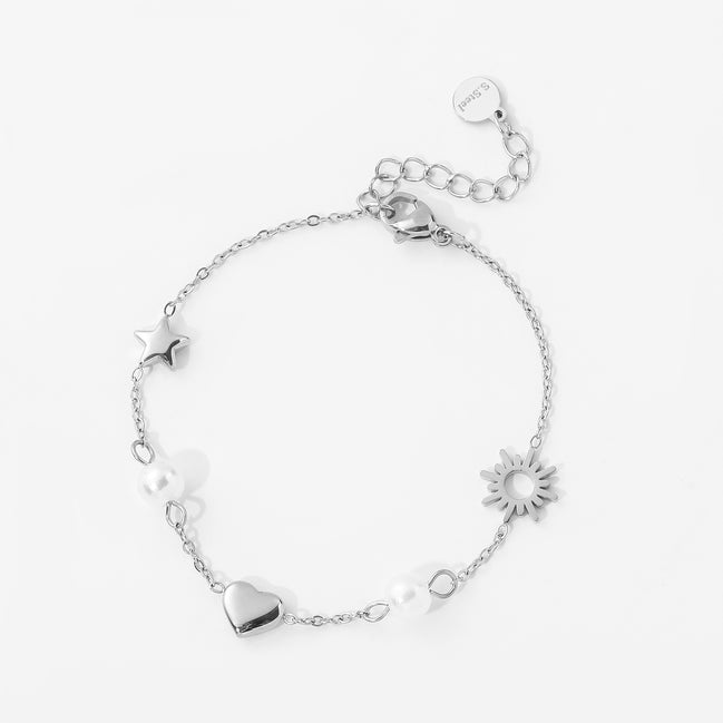 Celestial Pearl Charm Bracelet – Sun, Star & Heart ☀️✨