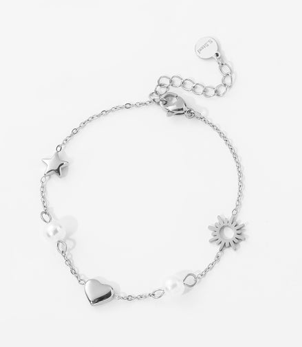 Celestial Pearl Charm Bracelet – Sun, Star & Heart ☀️✨