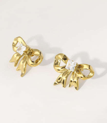 Gold Ribbon Stud Earrings – Playful Sparkle 🎀✨